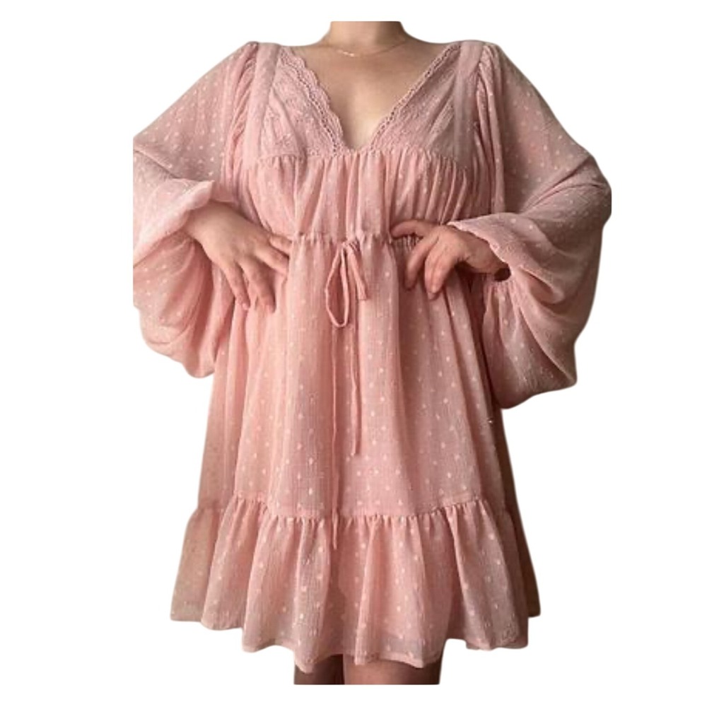 ASOS DESIGN Womens US 12 Pink Swiss Dot Long Sleeve Mini Dress V‎ Neck